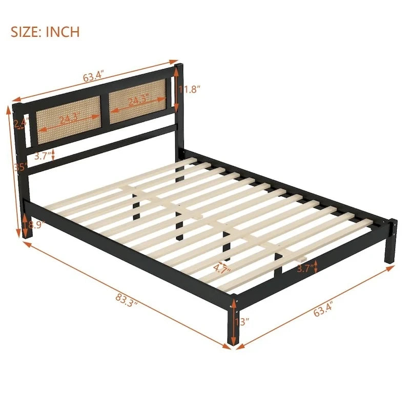 Letto matrimoniale con piattaforma in legno e testiera in rattan naturale, squisita eleganza con fascino minimalista