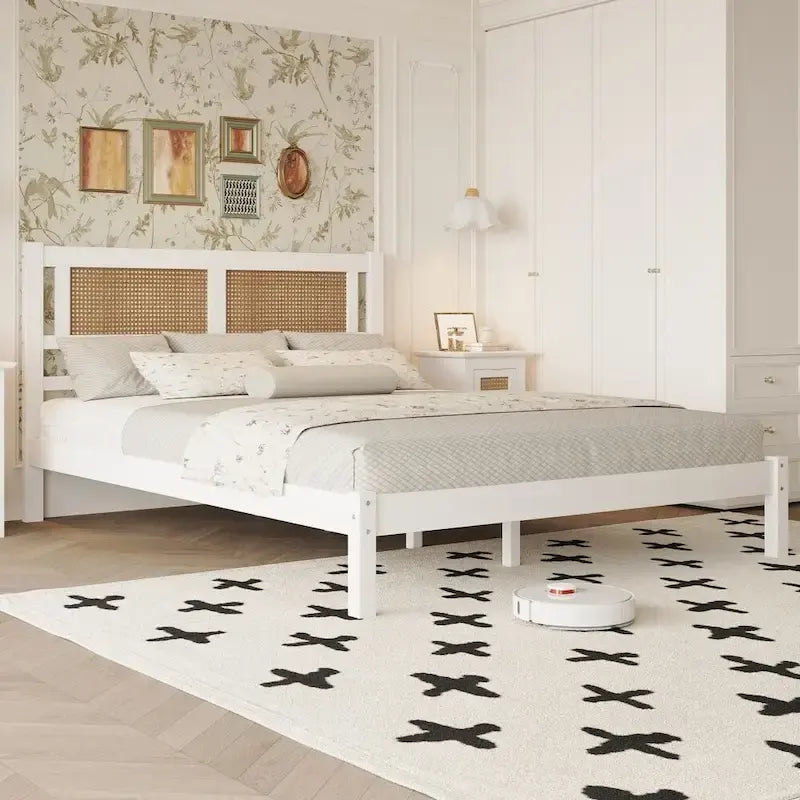 Letto matrimoniale con piattaforma in legno e testiera in rattan naturale, squisita eleganza con fascino minimalista