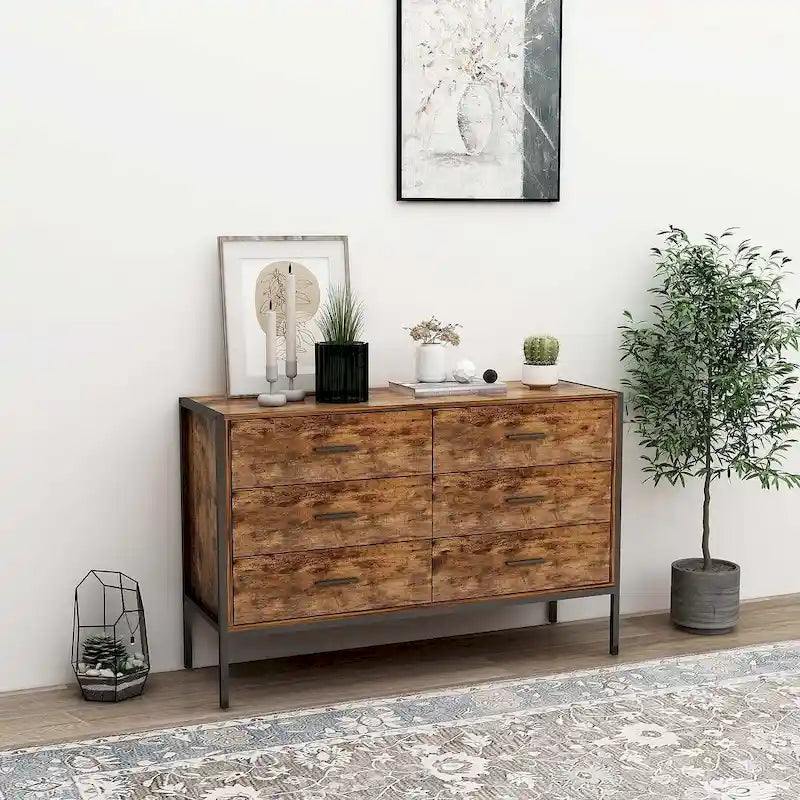 Comò rustico marrone a 6 cassetti o set di 2 comodini