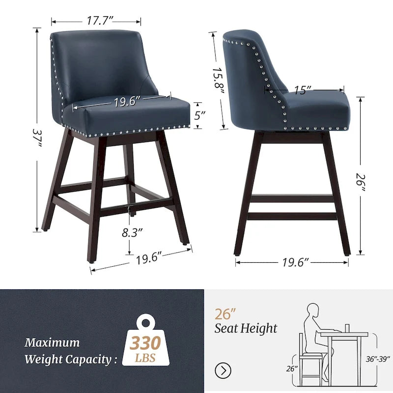Sgabello da bar girevole con struttura in legno imbottita e seduta in tessuto LUE BONA da 26 pollici, altezza bancone, set di 4 - 19,6 P x 19,6 L x 37 A