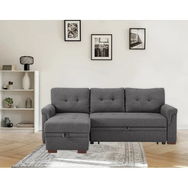 Divano letto componibile reversibile in lino con struttura in legno massello e chaise longue contenitore