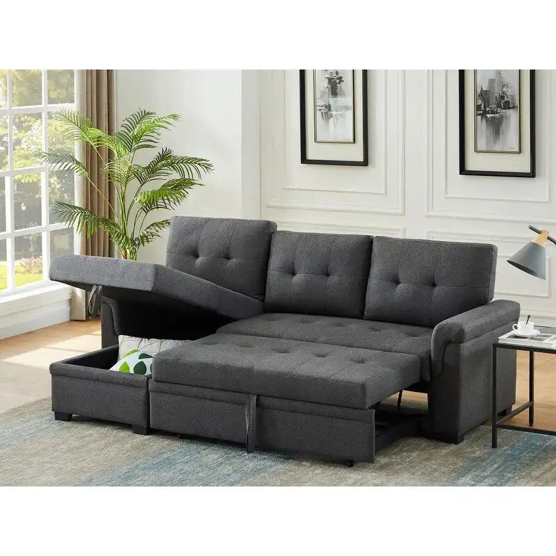 Divano letto componibile reversibile in lino con struttura in legno massello e chaise longue contenitore