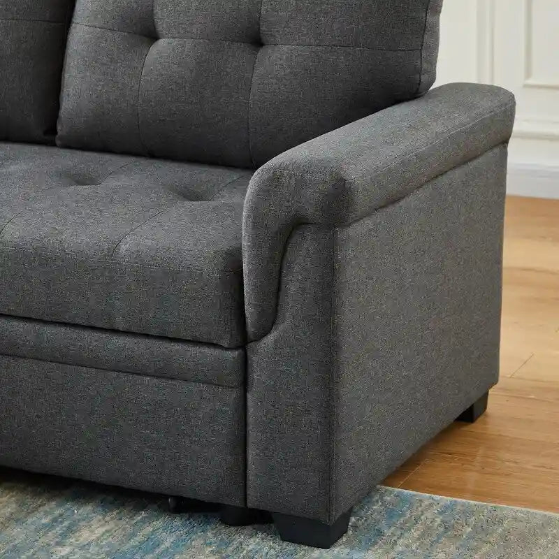 Divano letto componibile reversibile in lino con struttura in legno massello e chaise longue contenitore