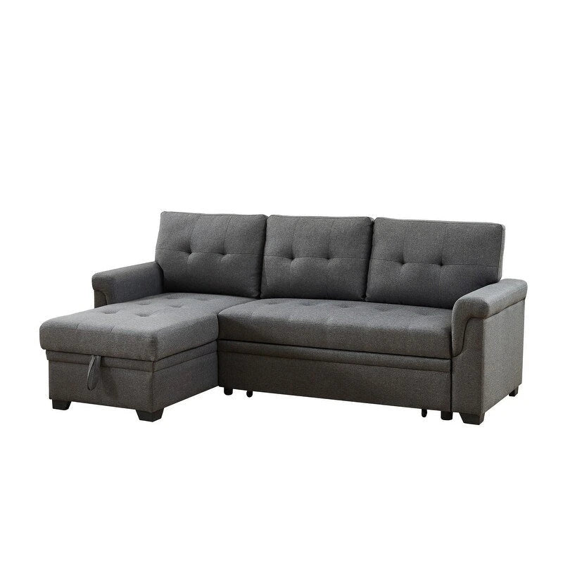 Divano letto componibile reversibile in lino con struttura in legno massello e chaise longue contenitore