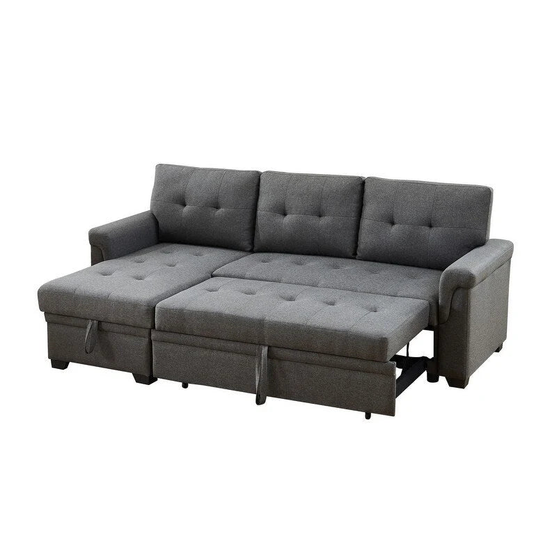 Divano letto componibile reversibile in lino con struttura in legno massello e chaise longue contenitore