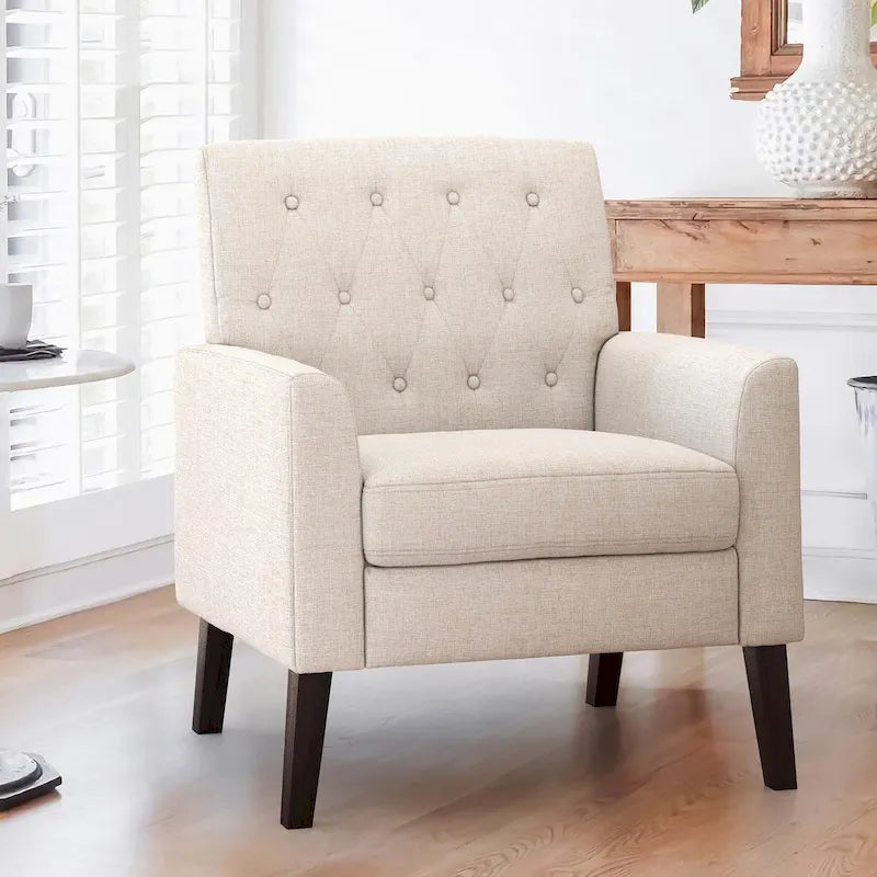 Poltrona imbottita in tessuto di lino con bottoni, stile moderno di metà secolo, LUE BONA - 28,5 L x 27,25 P x 33,75 A