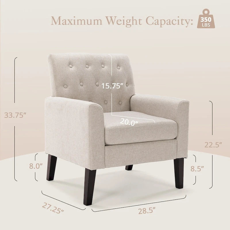 Poltrona imbottita in tessuto di lino con bottoni, stile moderno di metà secolo, LUE BONA - 28,5 L x 27,25 P x 33,75 A