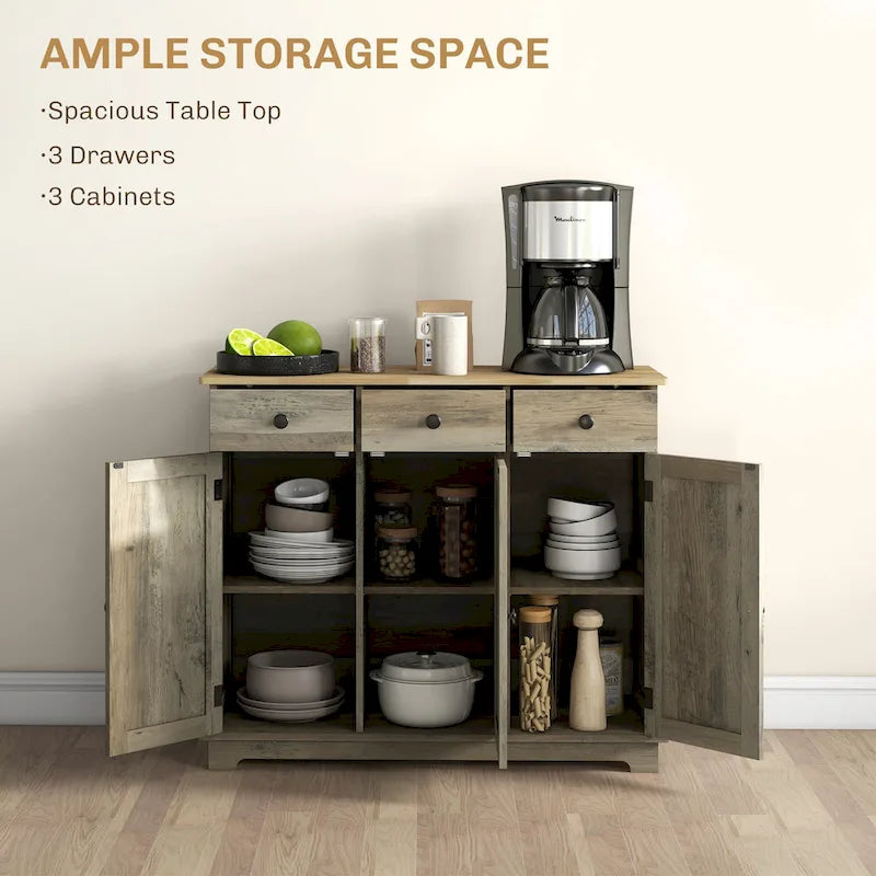 Credenza HOMCOM con piano in legno massello, mobiletto moderno per la cucina, mobile bar con 3 cassetti