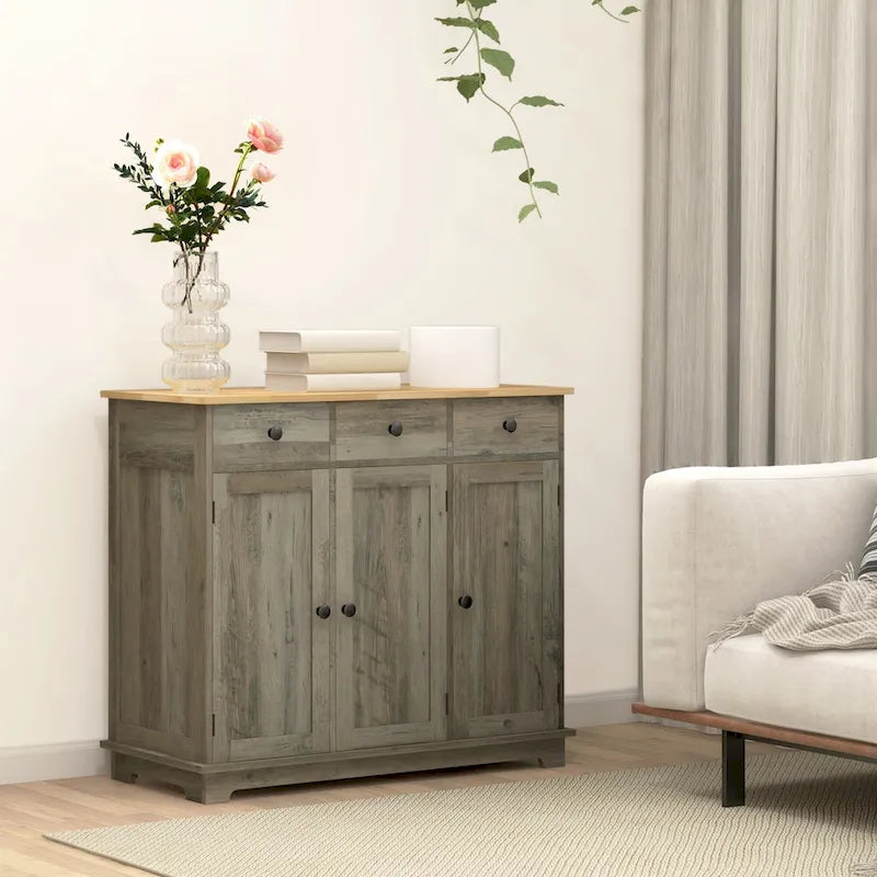 Credenza HOMCOM con piano in legno massello, mobiletto moderno per la cucina, mobile bar con 3 cassetti