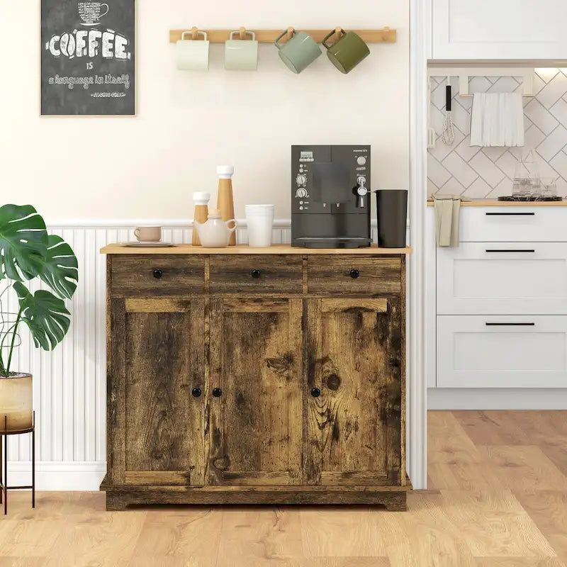 Credenza HOMCOM con piano in legno massello, mobiletto moderno per la cucina, mobile bar con 3 cassetti