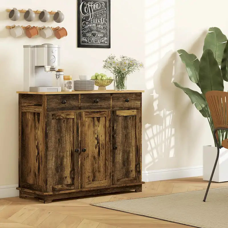 Credenza HOMCOM con piano in legno massello, mobiletto moderno per la cucina, mobile bar con 3 cassetti