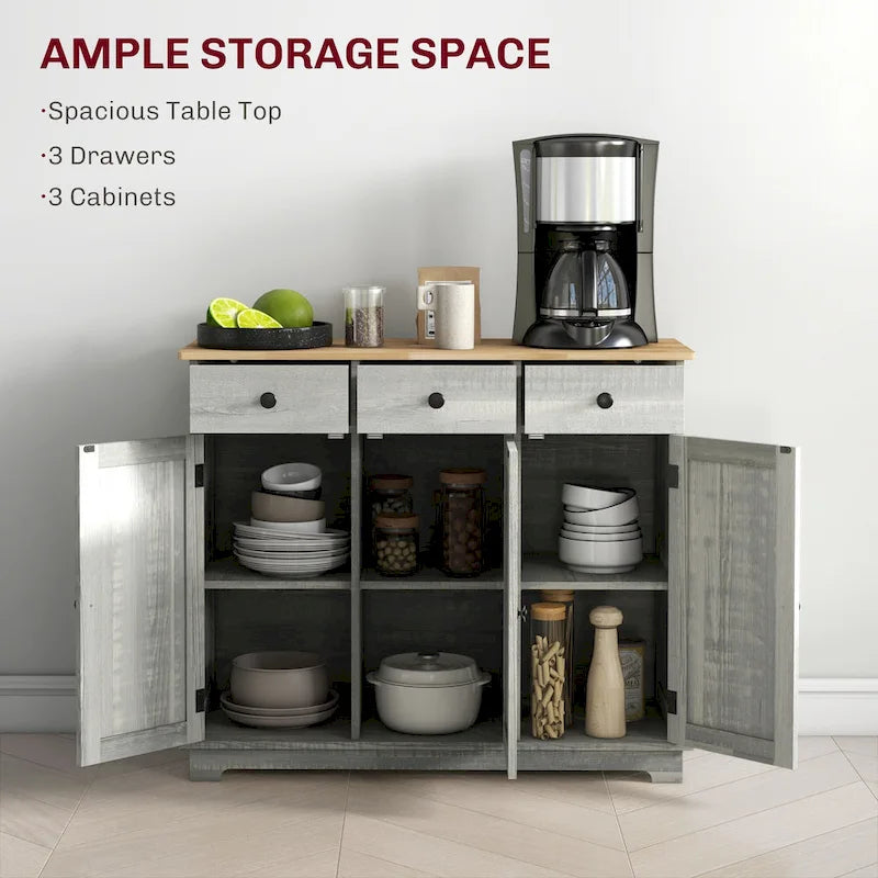 Credenza HOMCOM con piano in legno massello, mobiletto moderno per la cucina, mobile bar con 3 cassetti