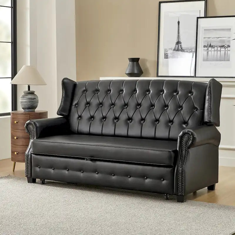 Divano letto in pelle vegana Ruedi Transitional 73.6 con schienale trapuntato e borchie di HULALA HOME