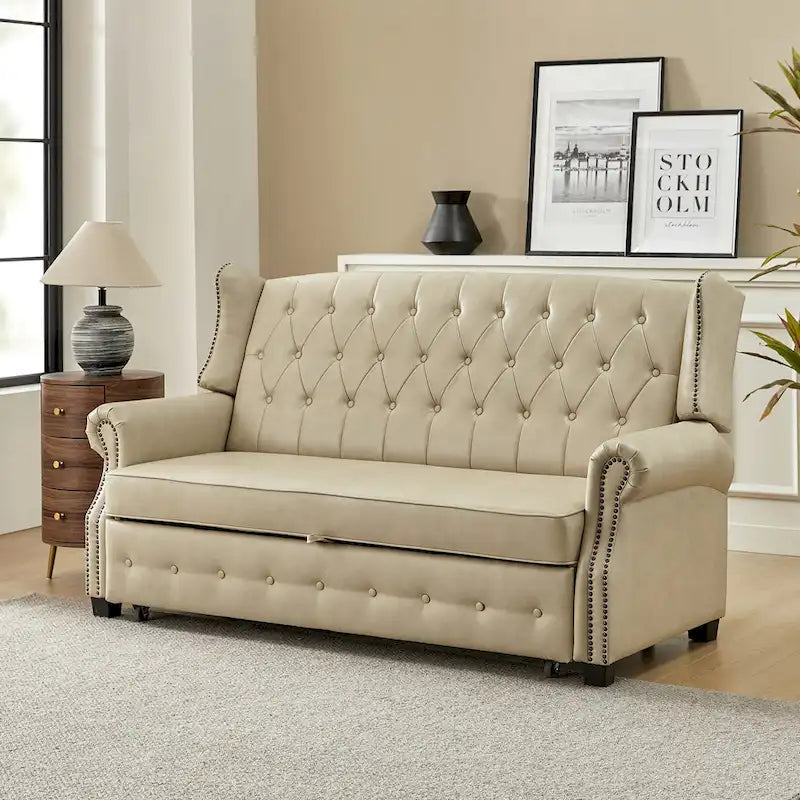 Ruedi Transitional 73.6  Vegan Leather Sofa Bed with Tufted Back and Nailhead by HULALA HOME