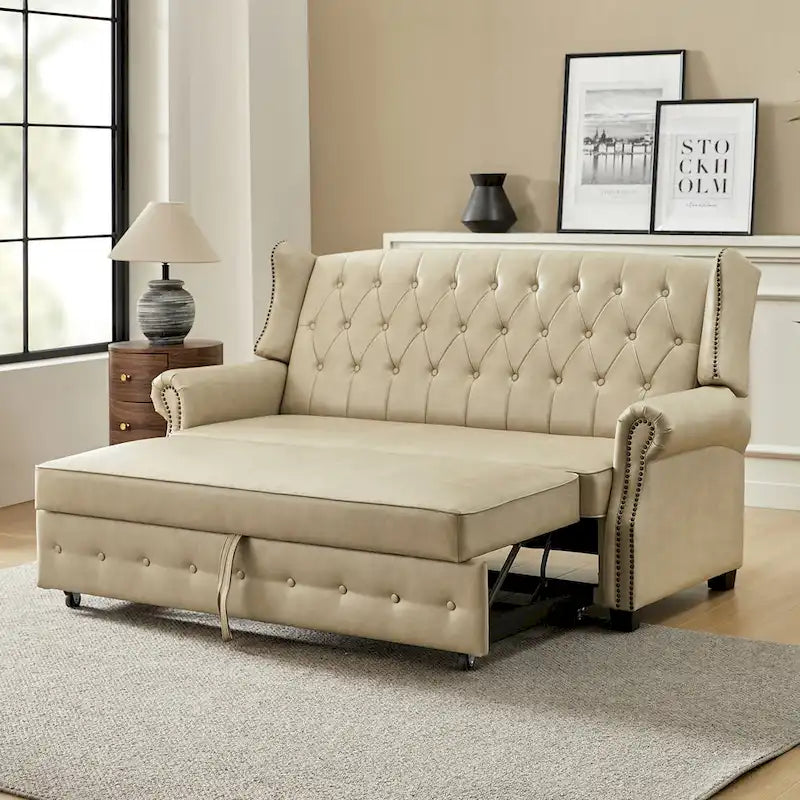 Divano letto in pelle vegana Ruedi Transitional 73.6 con schienale trapuntato e borchie di HULALA HOME