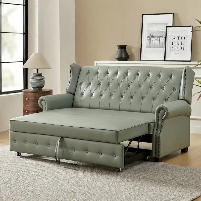 Divano letto in pelle vegana Ruedi Transitional 73.6 con schienale trapuntato e borchie di HULALA HOME