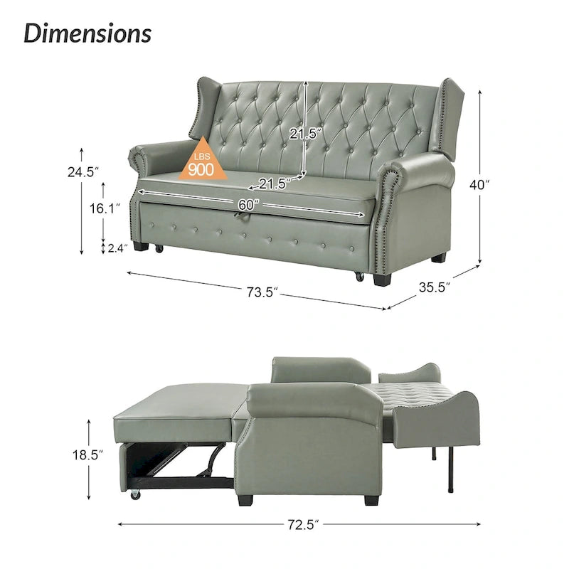 Divano letto in pelle vegana Ruedi Transitional 73.6 con schienale trapuntato e borchie di HULALA HOME