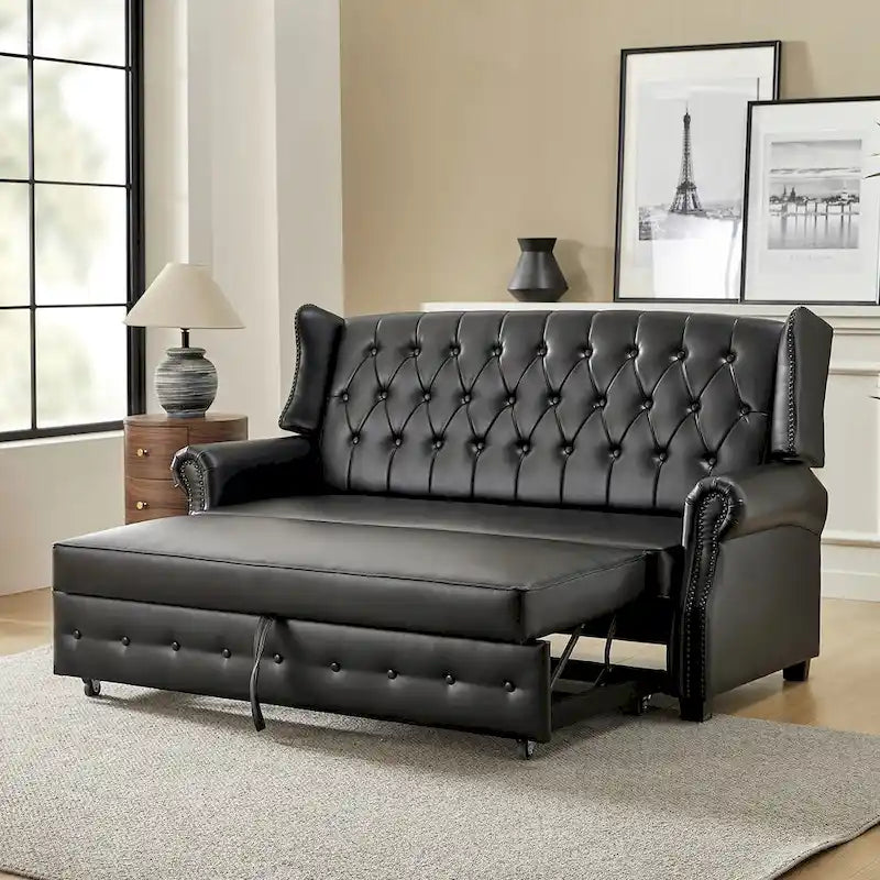 Divano letto in pelle vegana Ruedi Transitional 73.6 con schienale trapuntato e borchie di HULALA HOME