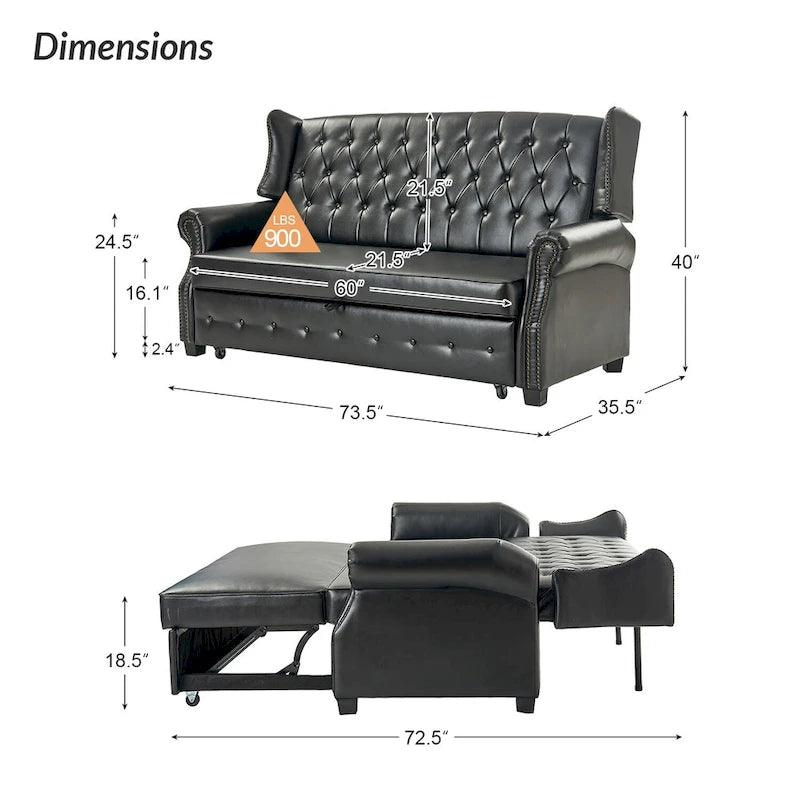 Divano letto in pelle vegana Ruedi Transitional 73.6 con schienale trapuntato e borchie di HULALA HOME