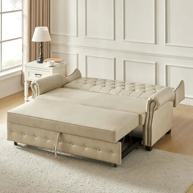 Divano letto in pelle vegana Ruedi Transitional 73.6 con schienale trapuntato e borchie di HULALA HOME