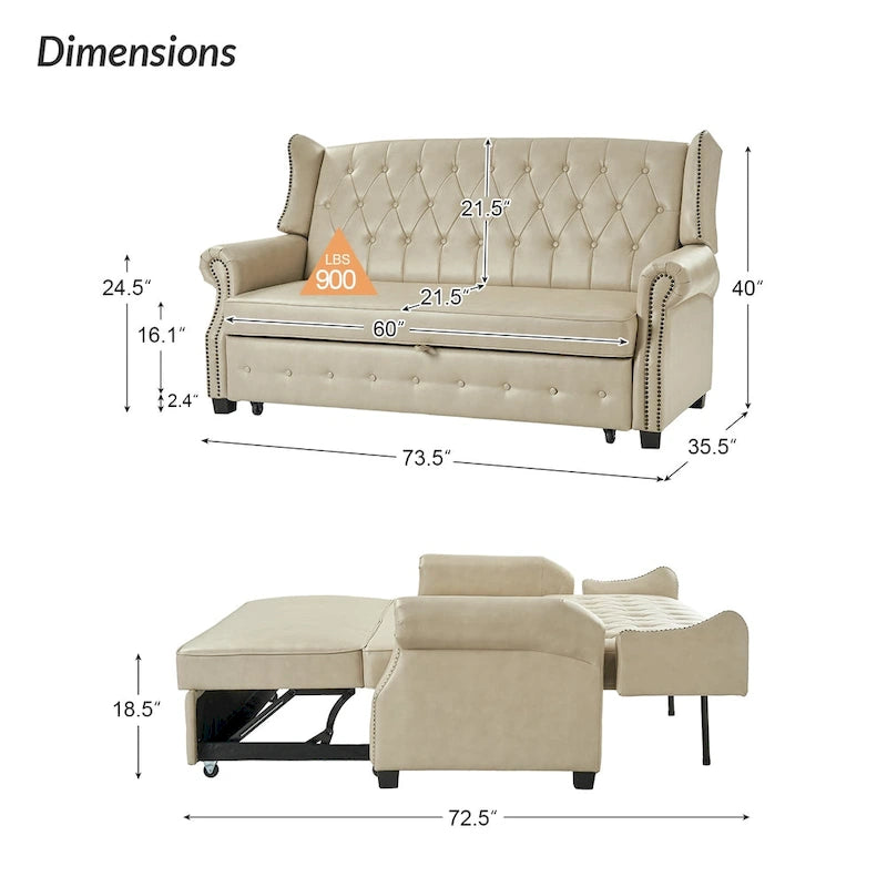 Divano letto in pelle vegana Ruedi Transitional 73.6 con schienale trapuntato e borchie di HULALA HOME