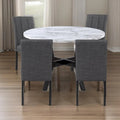 5 Piece Dining Table and Chairs Set, Black Wood, Fabric, Faux Stone Top