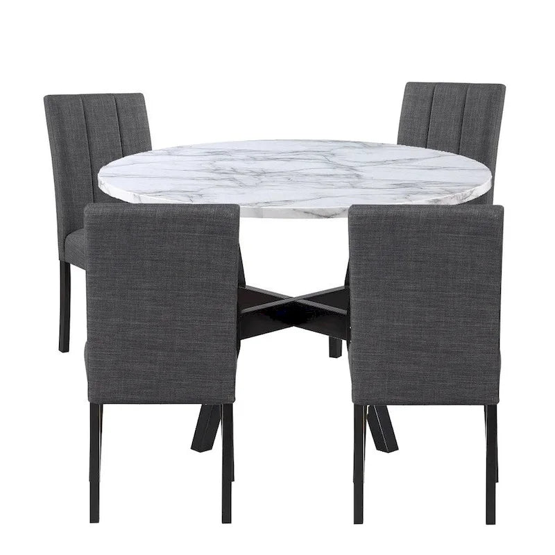 Set da pranzo composto da 5 pezzi, tavolo e sedie, legno nero, tessuto, piano in finta pietra