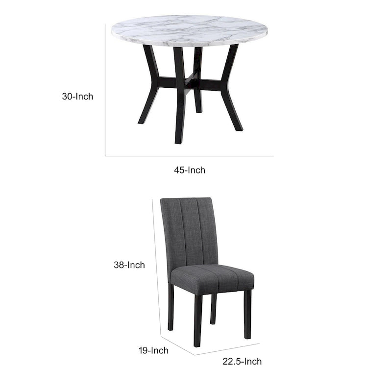 Set da pranzo composto da 5 pezzi, tavolo e sedie, legno nero, tessuto, piano in finta pietra