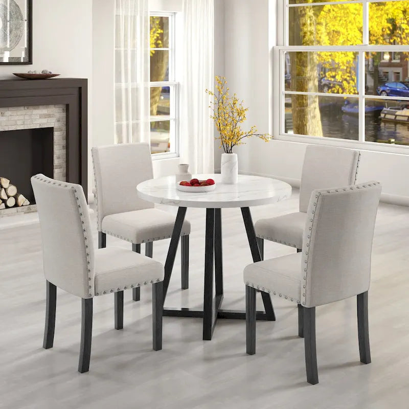 Set da pranzo composto da cinque pezzi con piano del tavolo in finto marmo, mobili in legno massello, combinazione salvaspazio per cucina e sala da pranzo