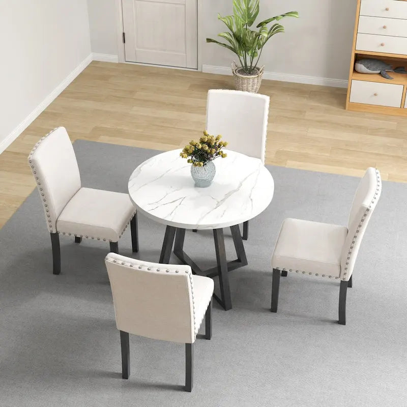 Set da pranzo composto da cinque pezzi con piano del tavolo in finto marmo, mobili in legno massello, combinazione salvaspazio per cucina e sala da pranzo