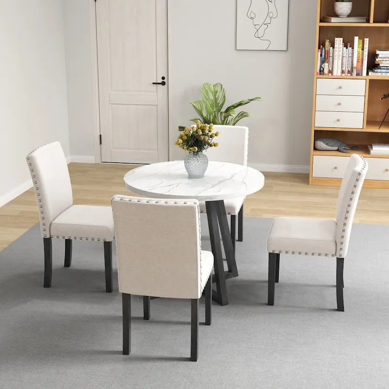 Set da pranzo composto da cinque pezzi con piano del tavolo in finto marmo, mobili in legno massello, combinazione salvaspazio per cucina e sala da pranzo