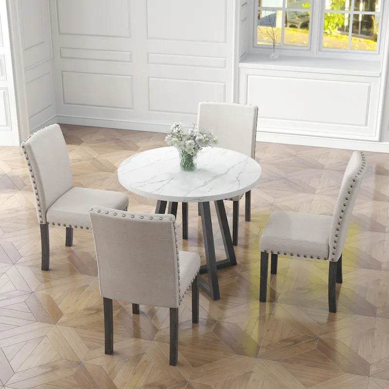Set da pranzo composto da cinque pezzi con piano del tavolo in finto marmo, mobili in legno massello, combinazione salvaspazio per cucina e sala da pranzo