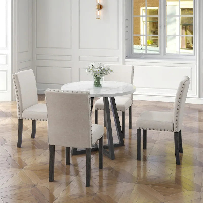 Set da pranzo composto da cinque pezzi con piano del tavolo in finto marmo, mobili in legno massello, combinazione salvaspazio per cucina e sala da pranzo