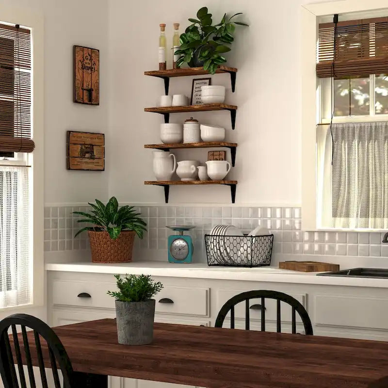 Wallniture Arras 17 x 6 Mensole da cucina in legno massello per parete, finitura bruciata, set da 4