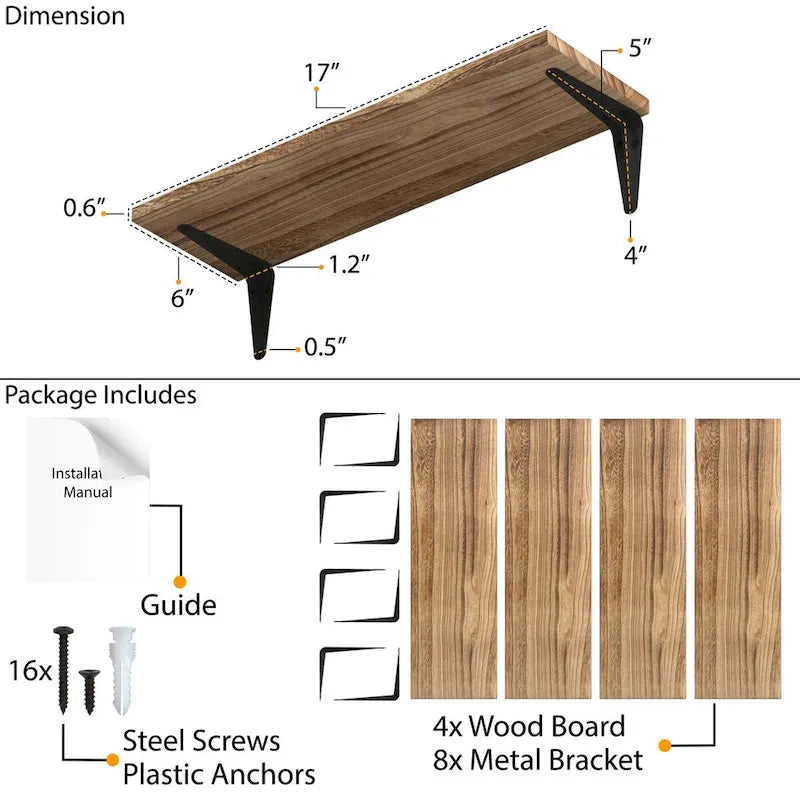 Wallniture Arras 17 x 6 Mensole da cucina in legno massello per parete, finitura bruciata, set da 4