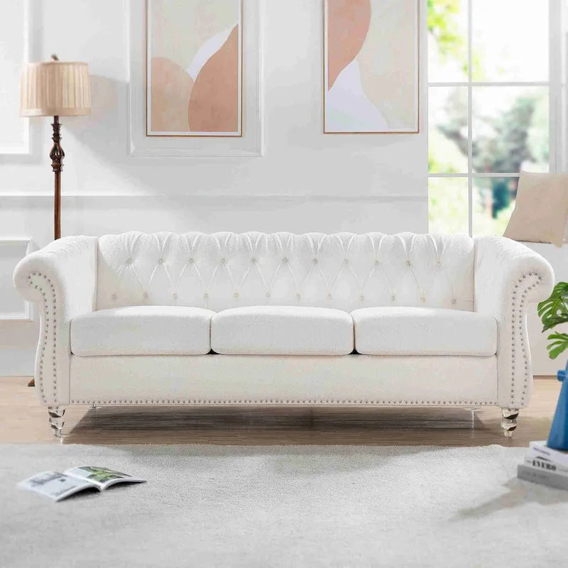 84  White Rolled Arm Chesterfield 3 Seater Sofa Couch
