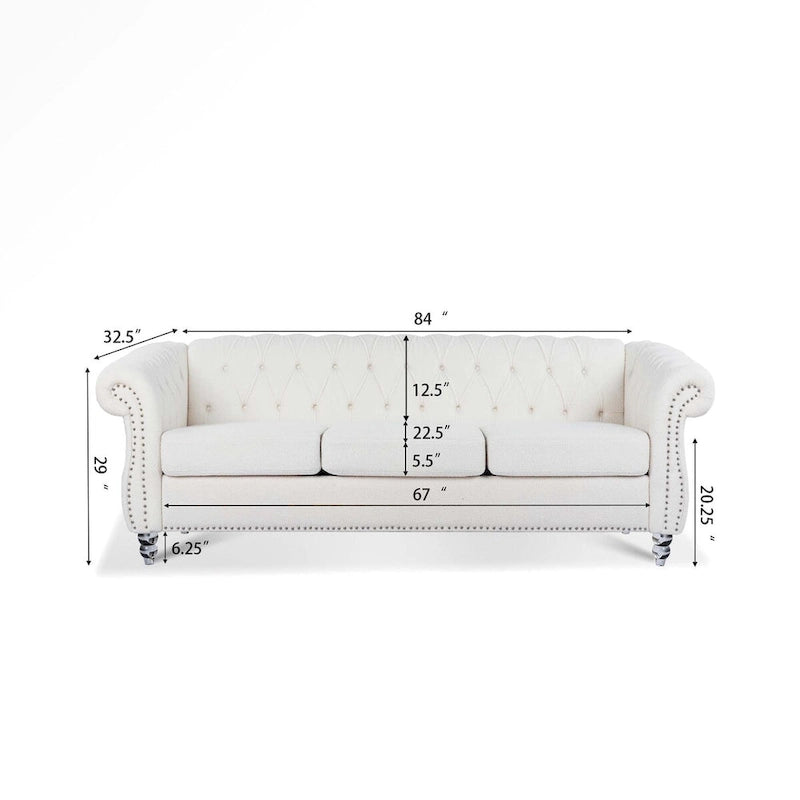 Divano Chesterfield a 3 posti con braccioli arrotolati bianchi 84
