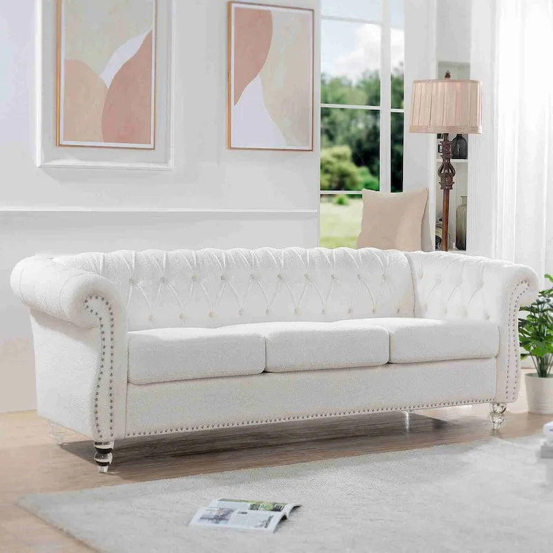 Divano Chesterfield a 3 posti con braccioli arrotolati bianchi 84