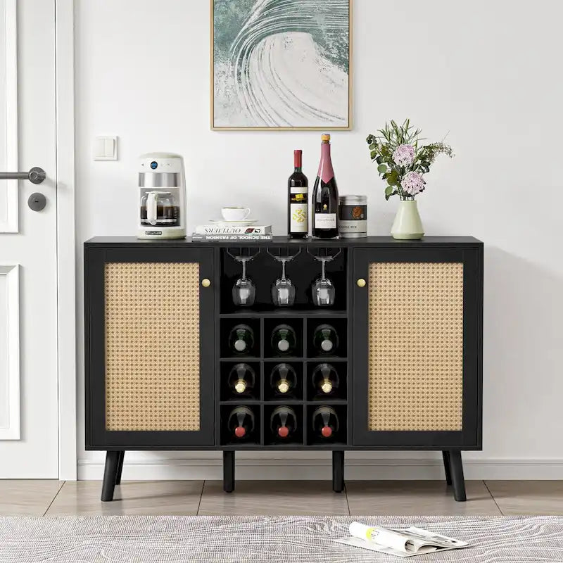 Credenza moderna Anmytek in legno nero a 2 ante, mobile bar per caffè, tavolo da servizio con portabottiglie