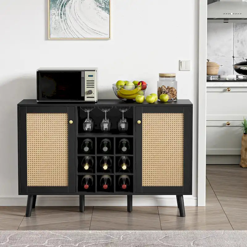 Credenza moderna Anmytek in legno nero a 2 ante, mobile bar per caffè, tavolo da servizio con portabottiglie