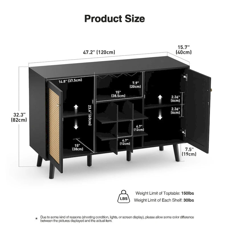 Credenza moderna Anmytek in legno nero a 2 ante, mobile bar per caffè, tavolo da servizio con portabottiglie