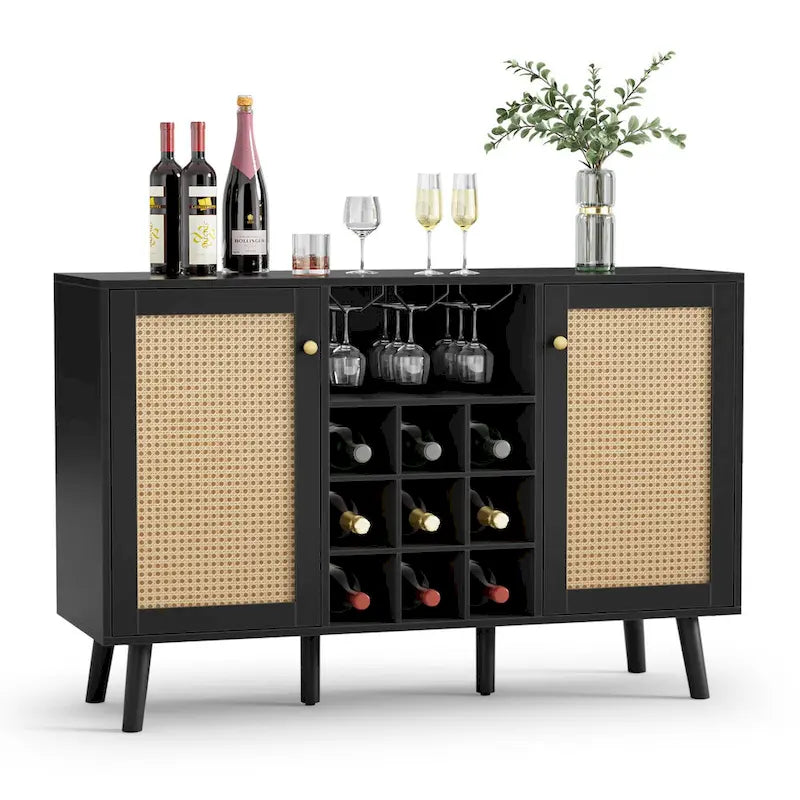 Credenza moderna Anmytek in legno nero a 2 ante, mobile bar per caffè, tavolo da servizio con portabottiglie