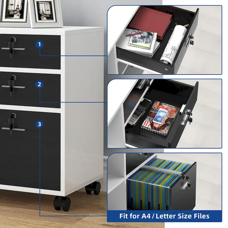 Mobiletto portadocumenti Moasis a 3 cassetti, mobiletto portadocumenti laterale in legno per ufficio domestico