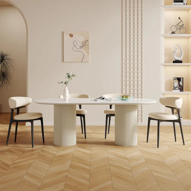 71 Tavolo da pranzo rettangolare moderno con piano in pietra e gambe in legno