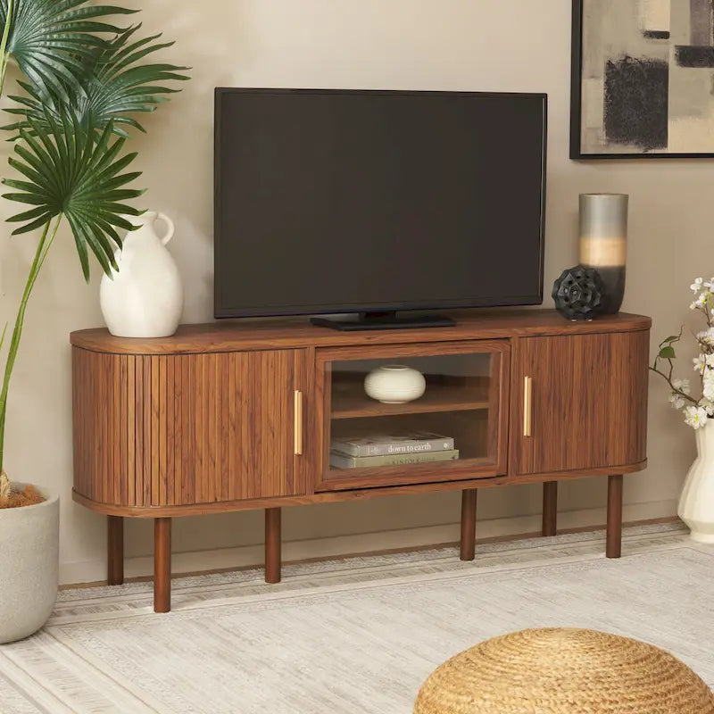 SAFAVIEH Home Tealla 2 Tambour & 1 Glass Lift Door Media Stand. - 59Wx15Dx24H