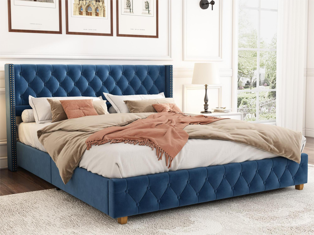 Letto in velluto blu, 160 x 200 cm